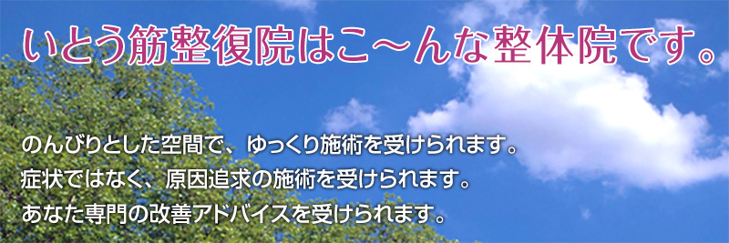 のんびりとした空間で、ゆっくり施術を受けられます。症状ではなく、原因追及の施術を受けられます。あなた専門の改善アドバイスを受けられます。